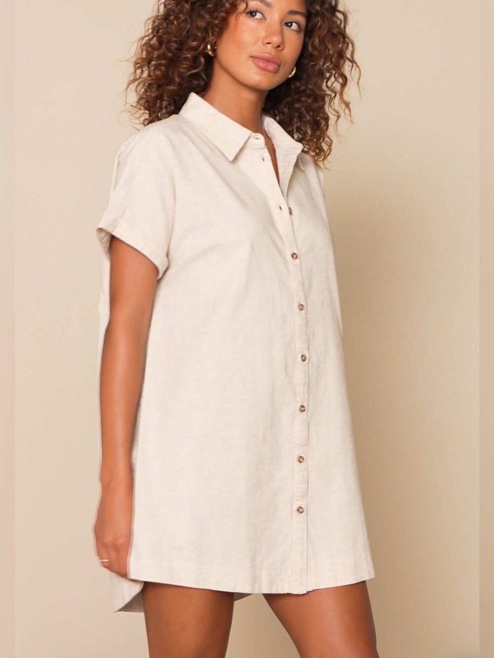 Rhythm. Womens Short Sleeve Button-Up Shirt Dress Linen Cotton Blend